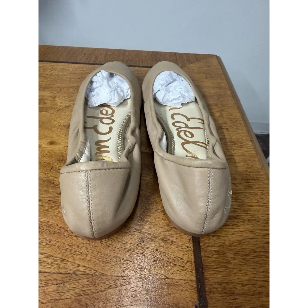 Sam Edelman Women's 9 Nude  Leather Round Toe Ballet Flats Shoes Embroidered